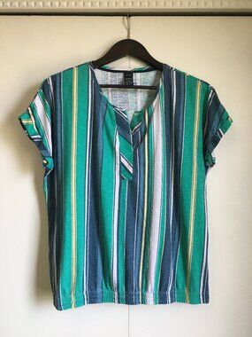 Olsen Striped Boxy 100% Organic Cotton Tee Green Blue Yellow White ML/12